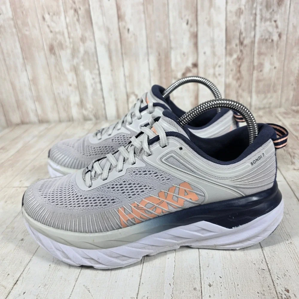 Hoka One One Bondi 7 Womens 8 Grey Blue Running Shoes 1110519 LRBI Sneaker